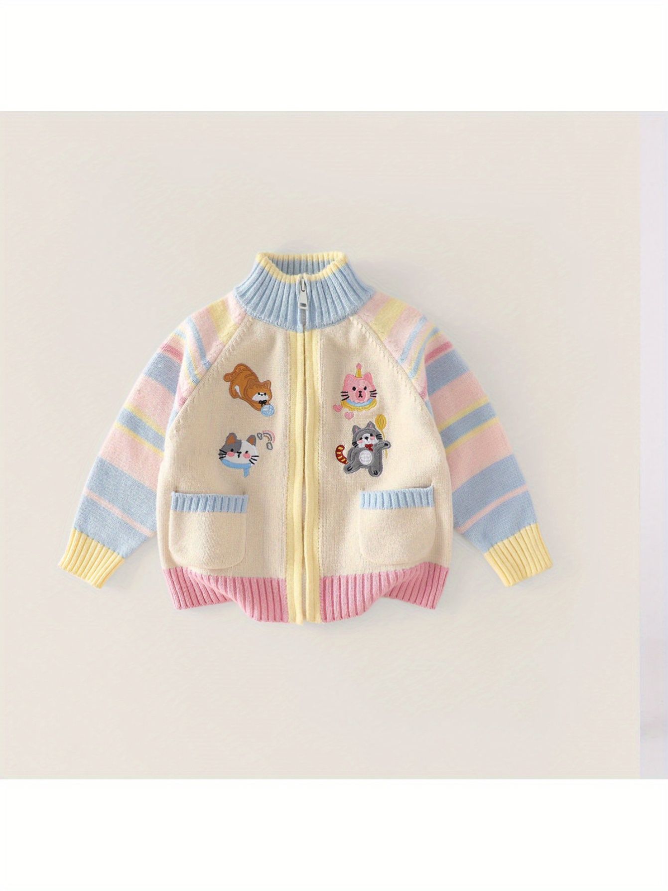 Cardigan de malha infantil com zíper jaqueta estilo desenho animado jaqueta bordada meninas primavera e outono novo suéter primavera versátil