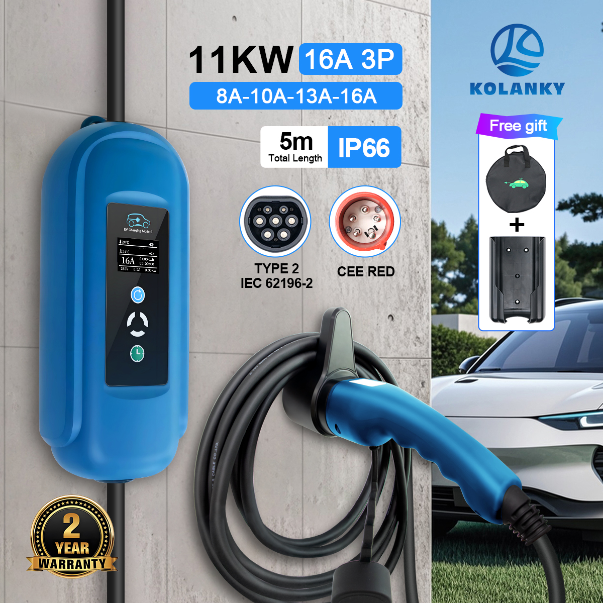 Kolanky 11KW 16A Type2 EV Portable Charger EVSE Charging Box Electric Car Charger CEE Plug Electric Vehicle Charger 5M
