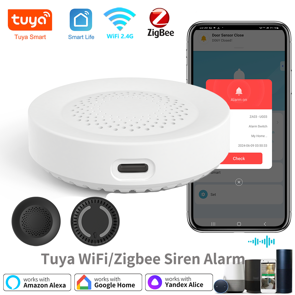 스마트 홈 보안용 투야 지그비 와이파이 사이렌 알람, 100db 스피커, 알렉사 얀덱스 앨리스, 투야 지그비 허브와 함께 작동