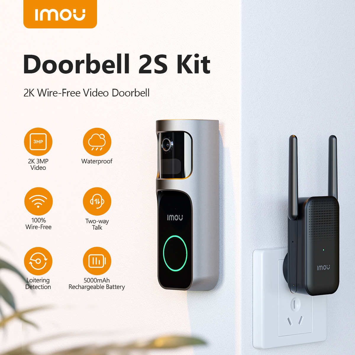 IMOU Video Doorbell 2S Set 5000mAh Batería Recargable 30 ° Lente panorámica Detección humana Conversación bidireccional Impermeable 100% Timbre sin cables