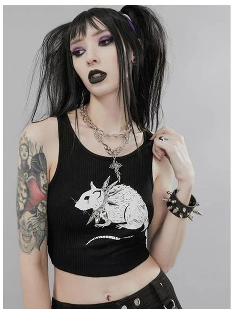 Nadruk z myszą czarny Tank Goth Sexy Bodycon przycięte topy kobiet Streetwear Harajuku z dzianiny prosty bezrękawnik