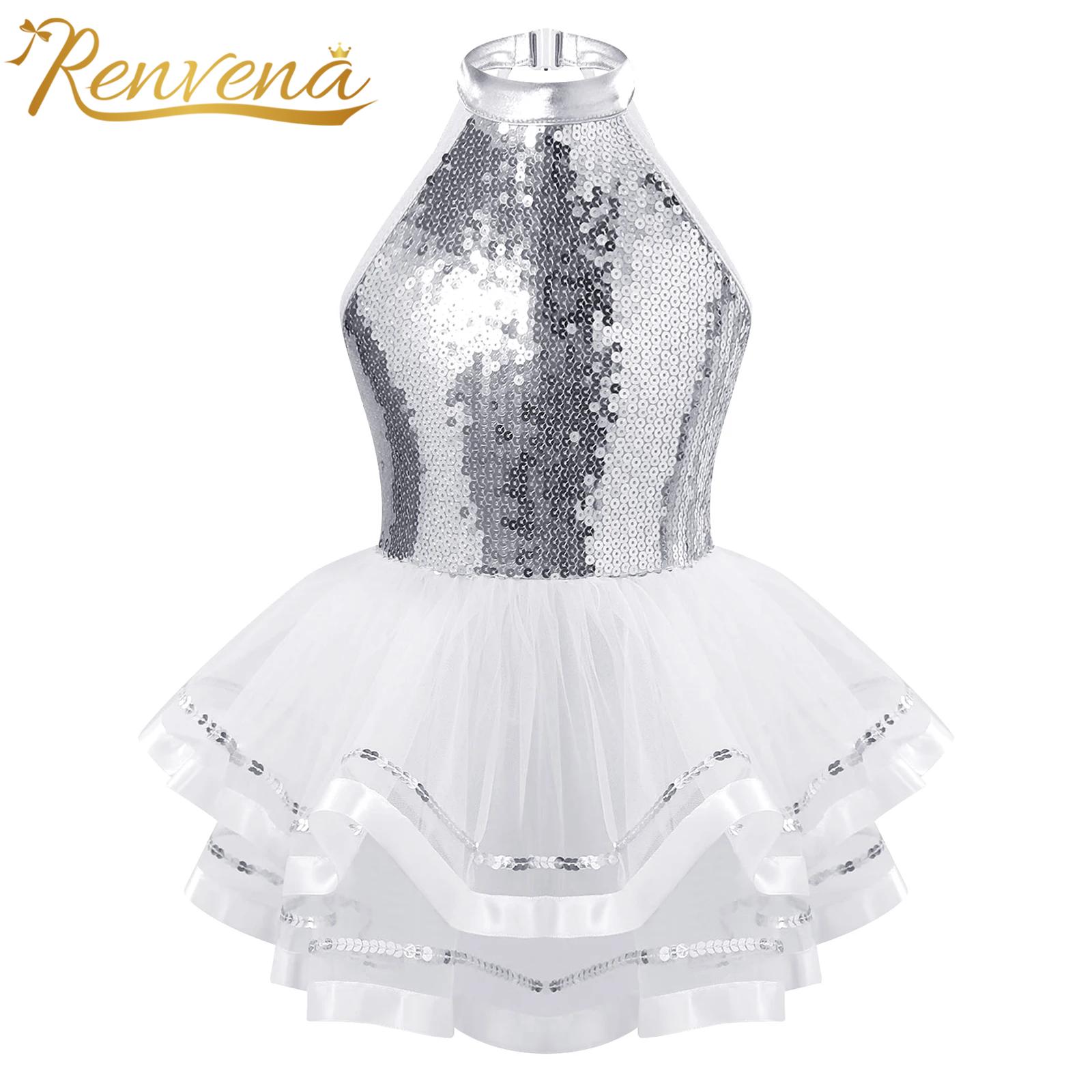 Vestido de baile de Ballet con tutú Halter para niñas, vestido de leotardo de gimnasia con lentejuelas brillantes, traje de actuación de baile de Jazz latino moderno