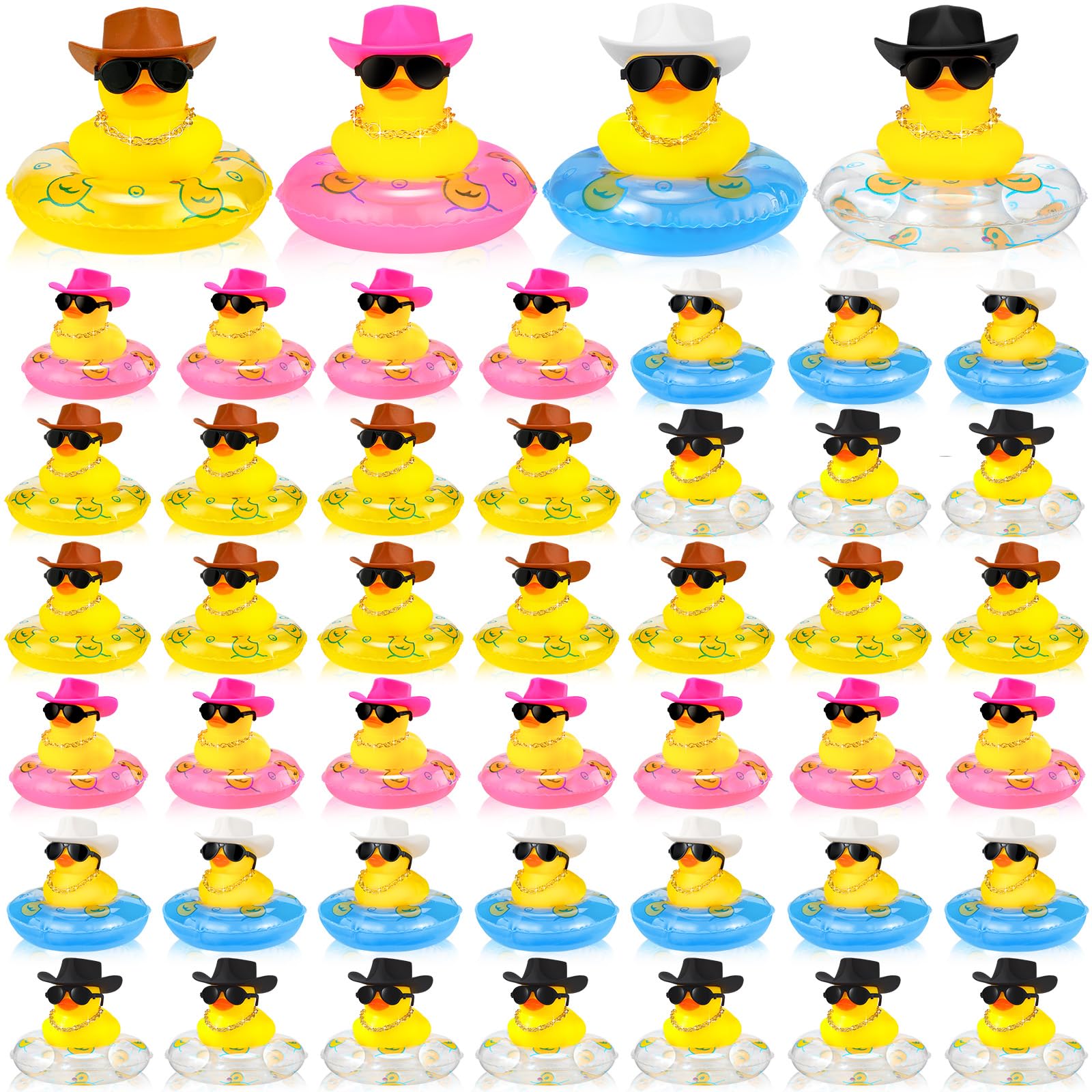 6-60 Set Mainan Mandi Bebek Kuning Mobil Mini Massal Bebek Karet Koboi Hadiah Pesta dengan Topi Mini Kacamata Hitam Kalung Lingkaran Berenang