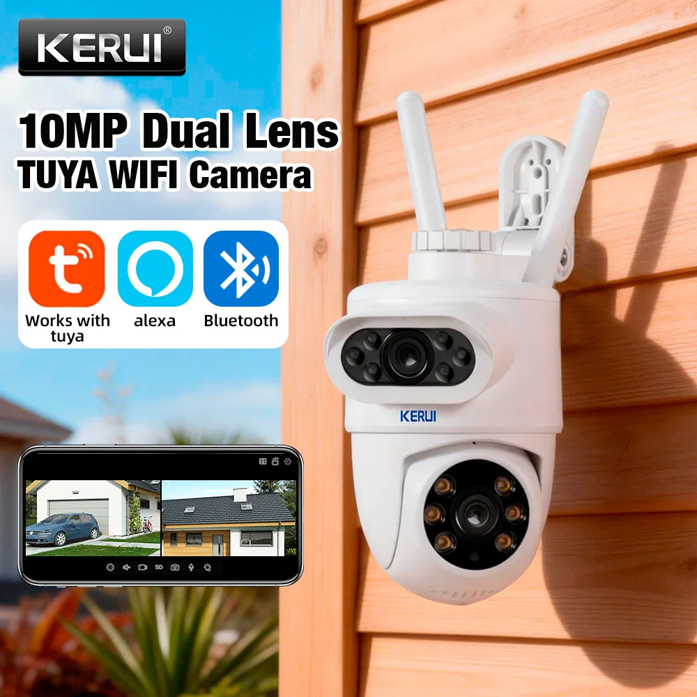 Cámara WIFI PTZ de Doble Lente KERUI 5K 10MP, Full HD, Pantalla Dual, Seguimiento Automático, Cámara de Vigilancia de Seguridad para Exteriores con Tuya