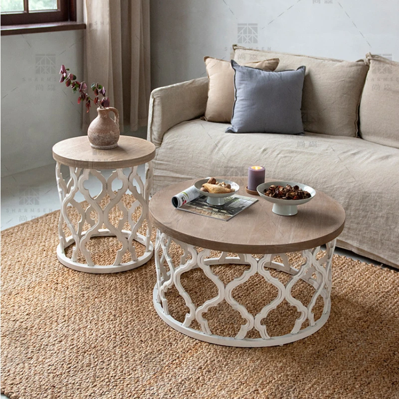Kreative amerikanische runde Couch tisch Retro hohle nordische Holz Sofa Beistell tisch einfache Wohnzimmer Eck tisch Wohn möbel