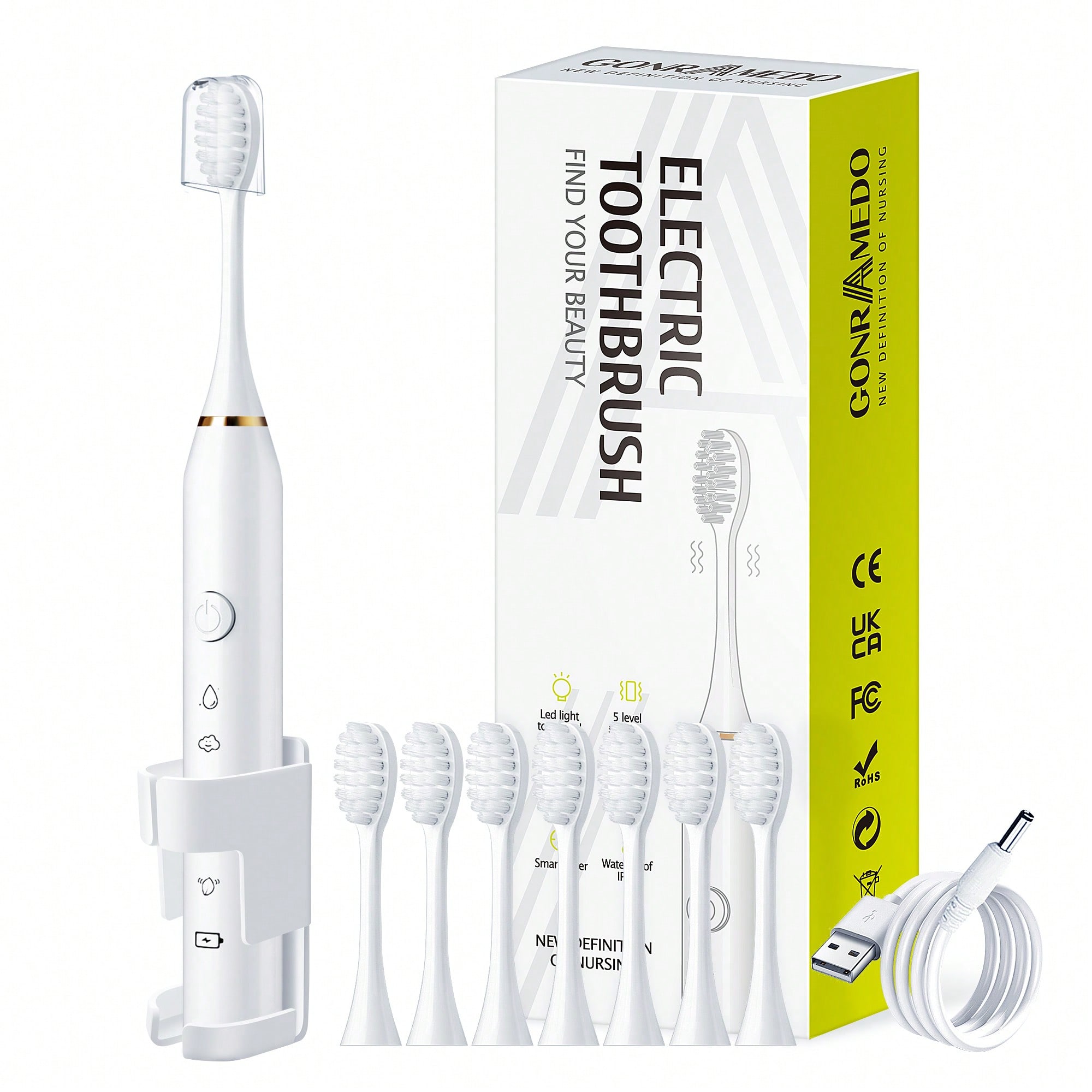 1PC Electric Toothbrush With 8 Replaceable Toothbrush Heads, A Wall-Mounted Bracket And A Dust Cover, USB Charging, 5-Speed Intelligent Cleaning Mode, Toothbrush Body, 7-Level Waterproof, Personal Oral Care Equipment Power Toothbrush, Suitable For Travel,