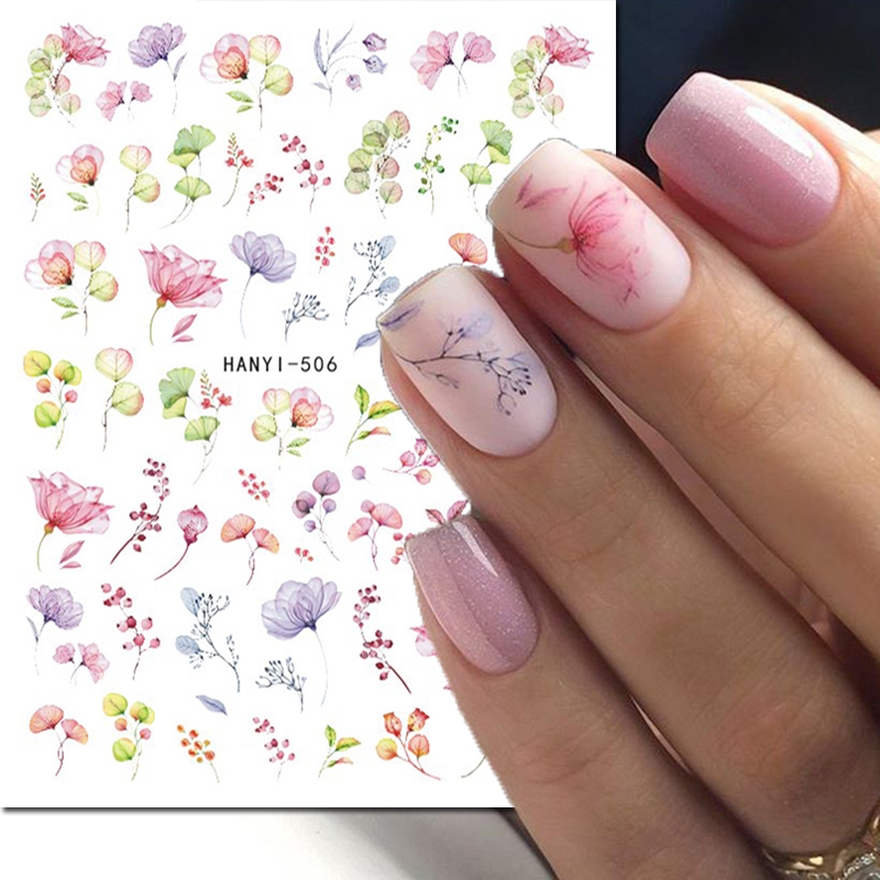 3D-Nagelkunst-Abziehbilder, Aquarell, Blumen, Lila, Grün, Rosa, Blumen, Blätter, Obst, selbstklebende Schieber, Nagelaufkleber für Maniküre
