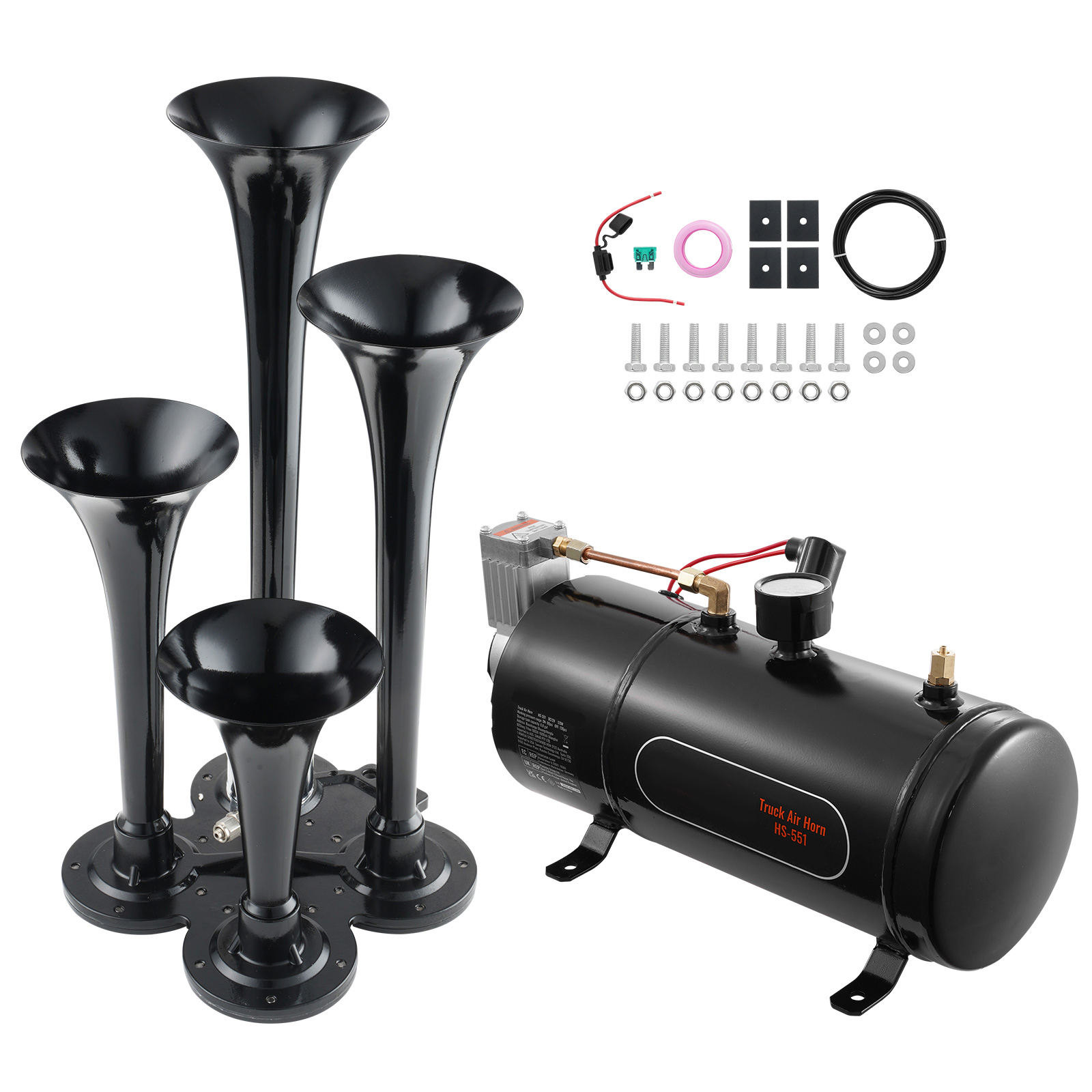 SucceBuy Treinhoorns Kit 4 Trompet Luchthoorn Kit 150dB Treinhoorns 12V 120psi Luchtcompressor voor Auto Vrachtwagen Trein Bestelwagen Boot Pickup