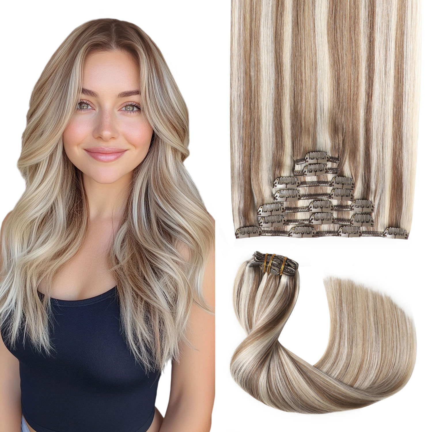 Extensão de Cabelo Natural Sweet Pro2.0 com Clipe - 7 Peças Grossas # Extensões de cabelo humano Remy invisíveis 8P60 castanho claro com loiro platinado, com clipe, 35cm-55cm, trama dupla para mulheres.
