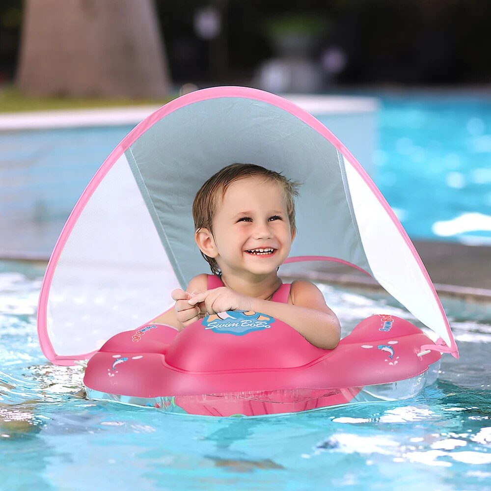Baby Swimming Float com dossel, anel infantil inflável, acessórios para piscinas infantis, brinquedos de banho circulares, verão