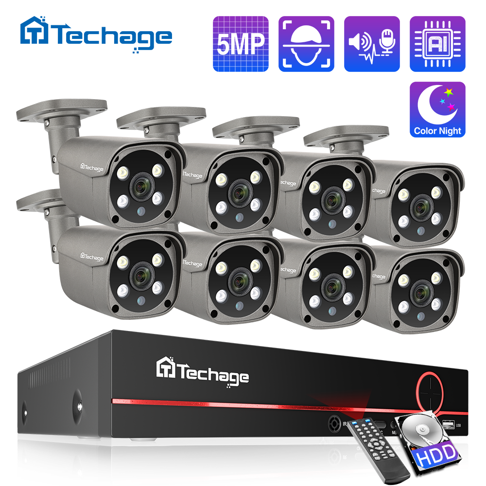 Sistema de Cámara CCTV PoE Techage de 5MP, 8 Canales, 4K, Audio Bidireccional, IA Inteligente, Detección Facial y Humana, H.265, Kit NVR de Vigilancia y Seguridad