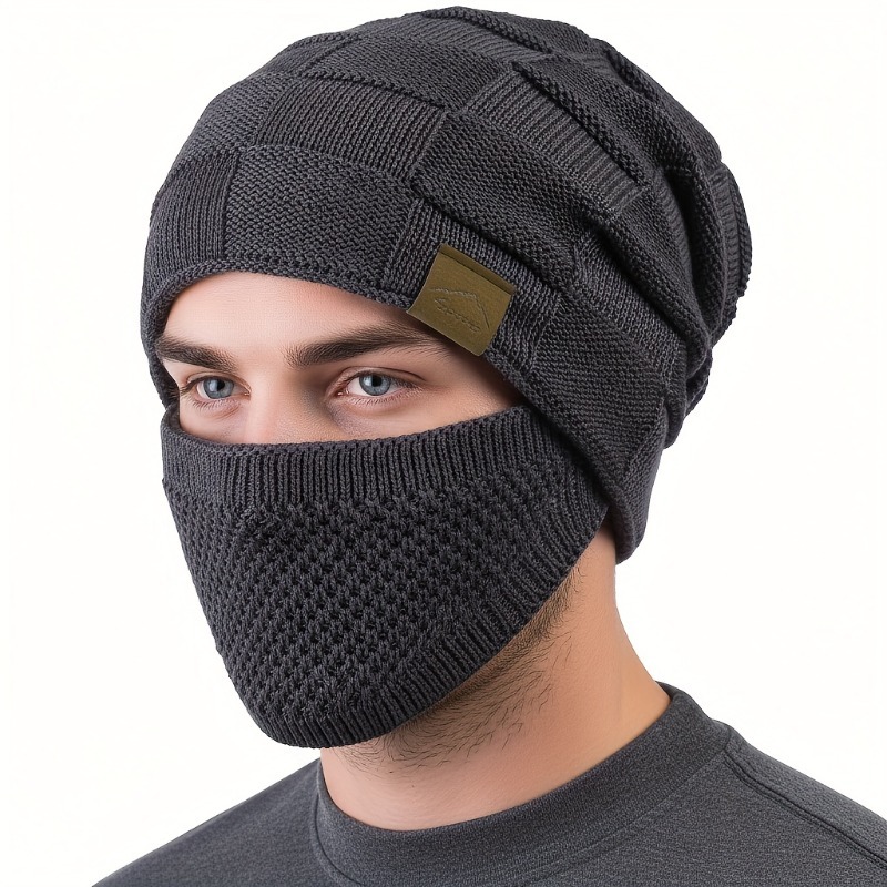 Warm Knitted Hat and Face Mask Set - Winter Slouchy Beanie with Lightweight Warm, Cheek Cover for Outdoor Sports in Cold Weather