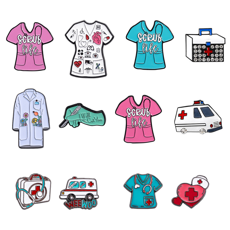 Kreatywna medyczna metalowa broszka serce odzież pielęgniarki zestaw medyczny ambulans skalpel zestaw medyczny odznaka z kreskówek Punk szpilki biżuteria