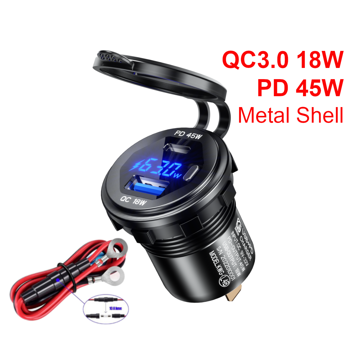 45W tipo C PD QC3.0 USB cargador de coche enchufe 12V 24V carga rápida voltímetro interruptor carcasa de aleación para Auto camión barco RV autobús Motor
