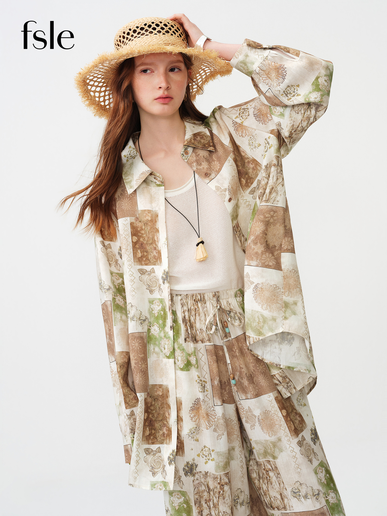 FSLE 2026 Sommer Damen Retro-Print Langarm-Blusen-Set mit lockerer Passform – Französisch inspirierter Stil für Urlaub und Alltag