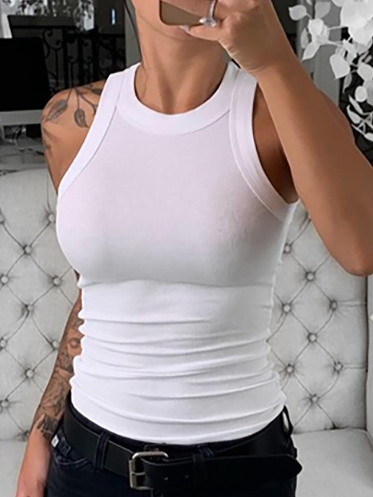 Camiseta sin mangas acanalada con cuello redondo liso para mujer, camisola básica de verano para mujer, camiseta sin mangas elástica con cuello redondo, camiseta sin mangas sólida