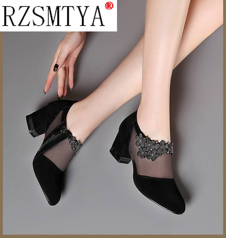 Zapatos de tacón alto de malla transpirable para mujer, tacones gruesos con cremallera y punta estrecha, calzado elegante a la moda, A011