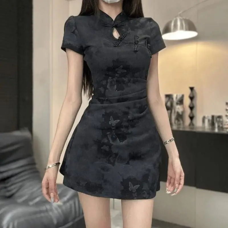 Neues chinesisches Vintage-Kleid mit Knöpfen und tailliertem, bedrucktem Sommer-Cheongsam-Kleid für Damen mit Temperament