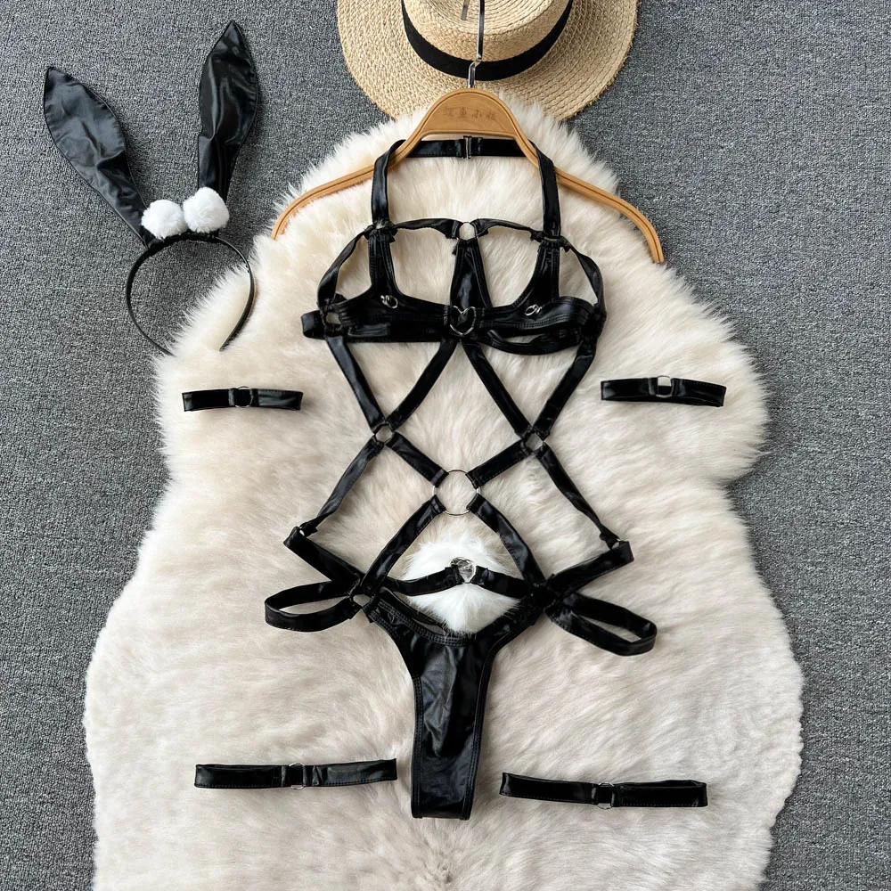 Body Sexy de PU ahuecado para mujer, traje erótico de Cosplay, Catsuits de cuero de imitación a la moda, mamelucos combinados de una pieza