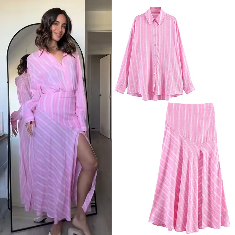 Damen Mode-Rockset 2-teilig Rosa Übergroßes Langarm-Streifenhemd & Reißverschluss-Plissee-Midirock Damen-Outfit