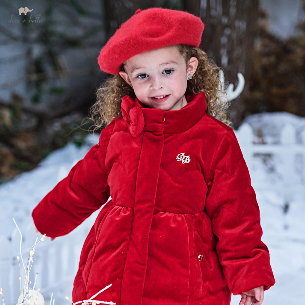Dave Bella Children Down Jacket Winter Autumn Long Sleeve Girls Thick Plush Top Coat Fashion Outwear Kids Red Clothing DB4254060