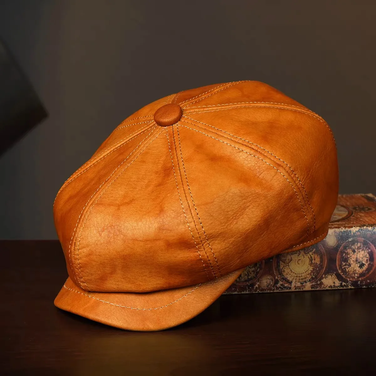 Topi Baret Kulit Asli Topi Retro Topi Segi Delapan Hangat Musim Dingin Uniseks untuk Pria Wanita Topi Chapeau Homme Hitam