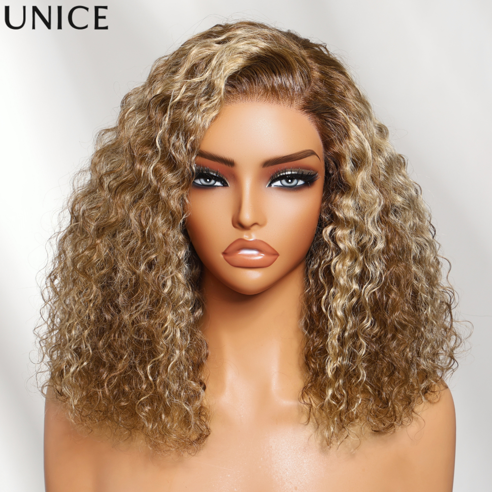 UNice 7x5 Slip Bye-Bye ™   Wig Bob Keriting Voluminous dengan Highlight Lace Honey Blonde, Wig Rambut Asli 100% dengan Tali Serut, Wig Pre Cut Pre Bleached Tanpa Lem, Siap Pakai, Kepadatan 180%