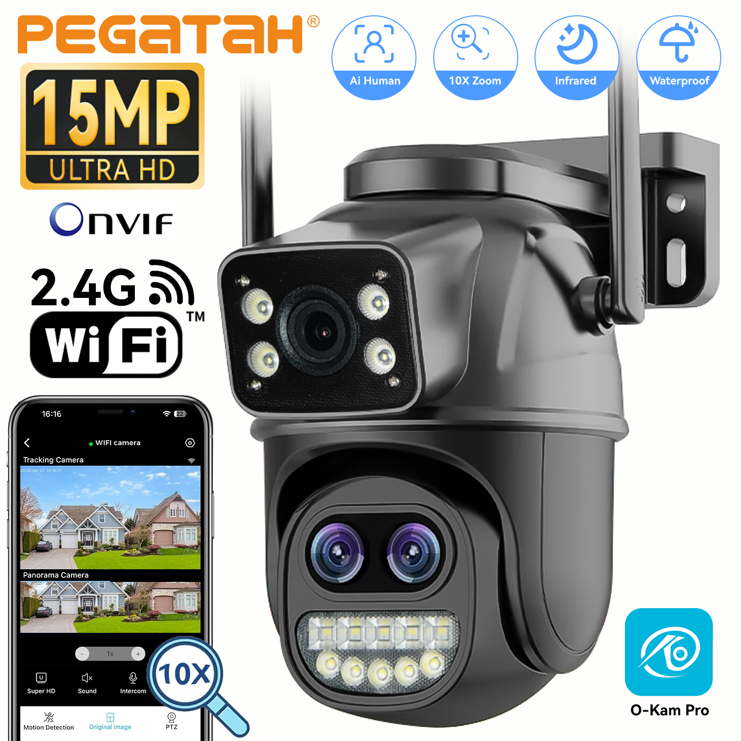 PEGATAH 15MP Kamera Bezpieczeństwa WiFi PTZ Zewnętrzna z Podwójnym Ekranem, 10-krotnym Zoomem, Wykrywaniem Ludzi, Kamera IP do Monitoringu Wideo 10MP O-Kam Pro