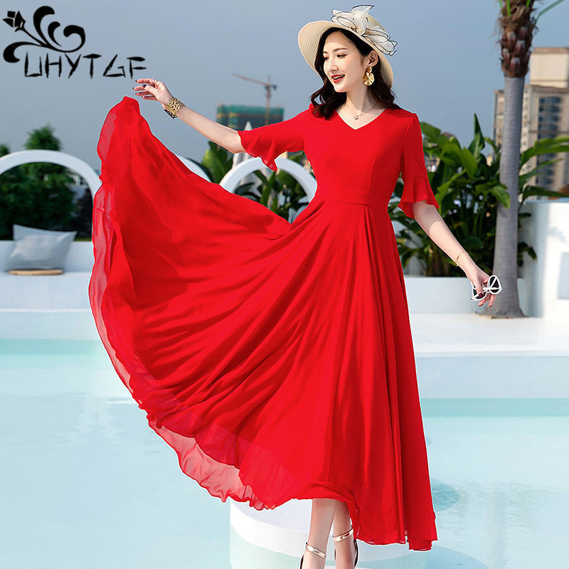 Zomer bohemien lange jurk vrouwen effen kleur korte mouw v-hals 4xl chiffon jurken maxi avond dames feestjurk vestidos