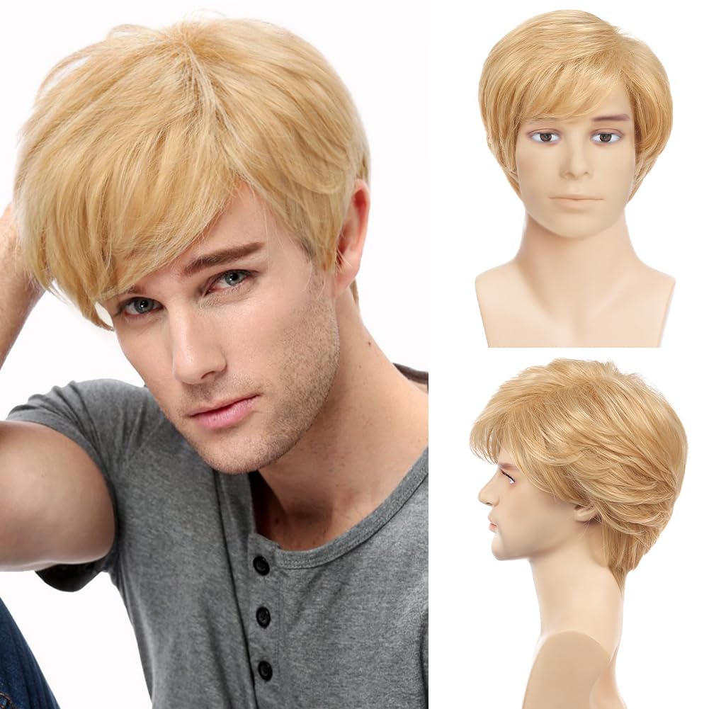 Blonde Pruik Mannen Korte Natuurlijke Gelaagde Synthetisch Haar Pruiken voor Mannelijke Man Dagelijks Halloween Cosplay Kostuum Pruik