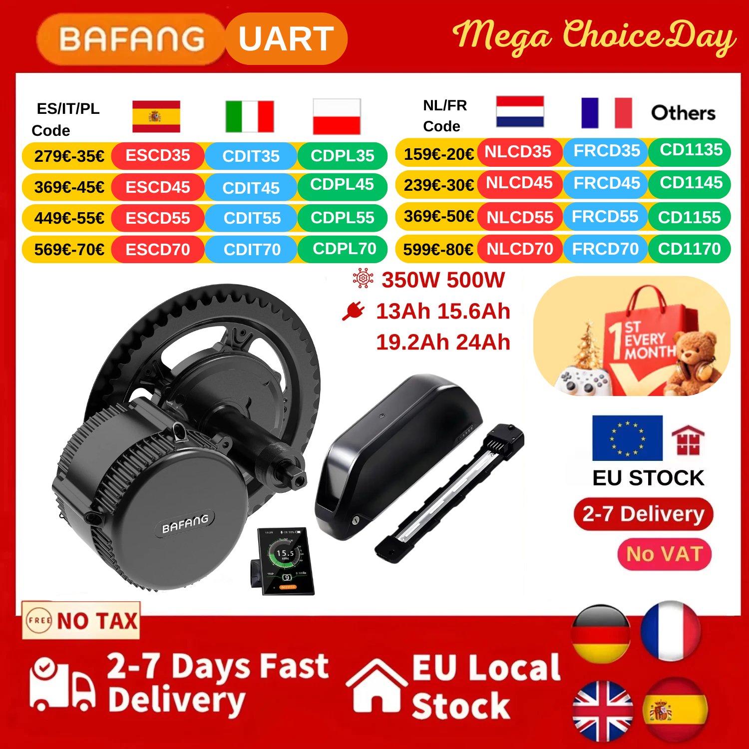 BAFANG BBS01 BBS01B 36v 250w 500w con batteria kit di conversione ebike Bicicletta elettrica Mid Drive Motor Kit 36V13 15.6 19.2 24Ah