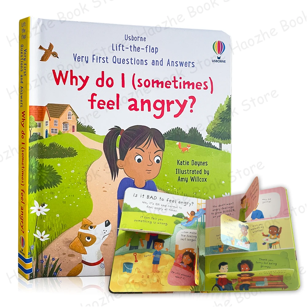 Zeer eerste vragen en antwoorden: waarom voelt ik boos? Usborne Lift the flap Kinderactiviteit Engels boek Kindercadeau Montessori