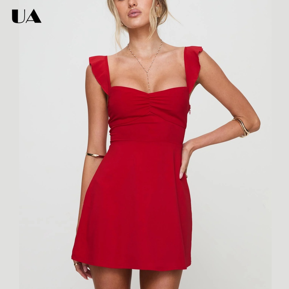 Vestido Mini de Verão ULBYANRY com Manga Borboleta, Vestido de Festa Sexy com Decote Quadrado e Costas Abertas, Vestido Curto Personalizado com Amarração