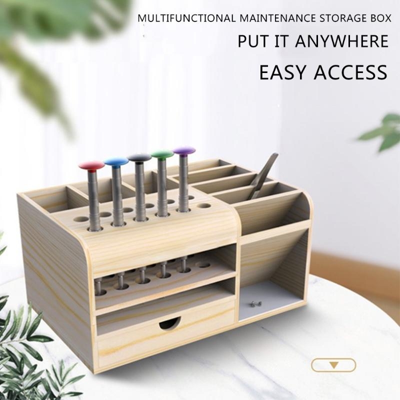Caja almacenamiento multifuncional madera, estante almacenamiento escritorio Servicio Móvil, soporte para pinzas y destornilladores