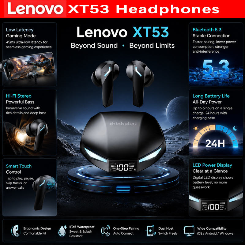 Lenovo XT53 Gaming Headset LED Digitaal Display Draadloze Sport Oordopjes HD Gesprek Lage Latentie Hoofdtelefoon Waterdicht GM2 Pro Geüpgraded