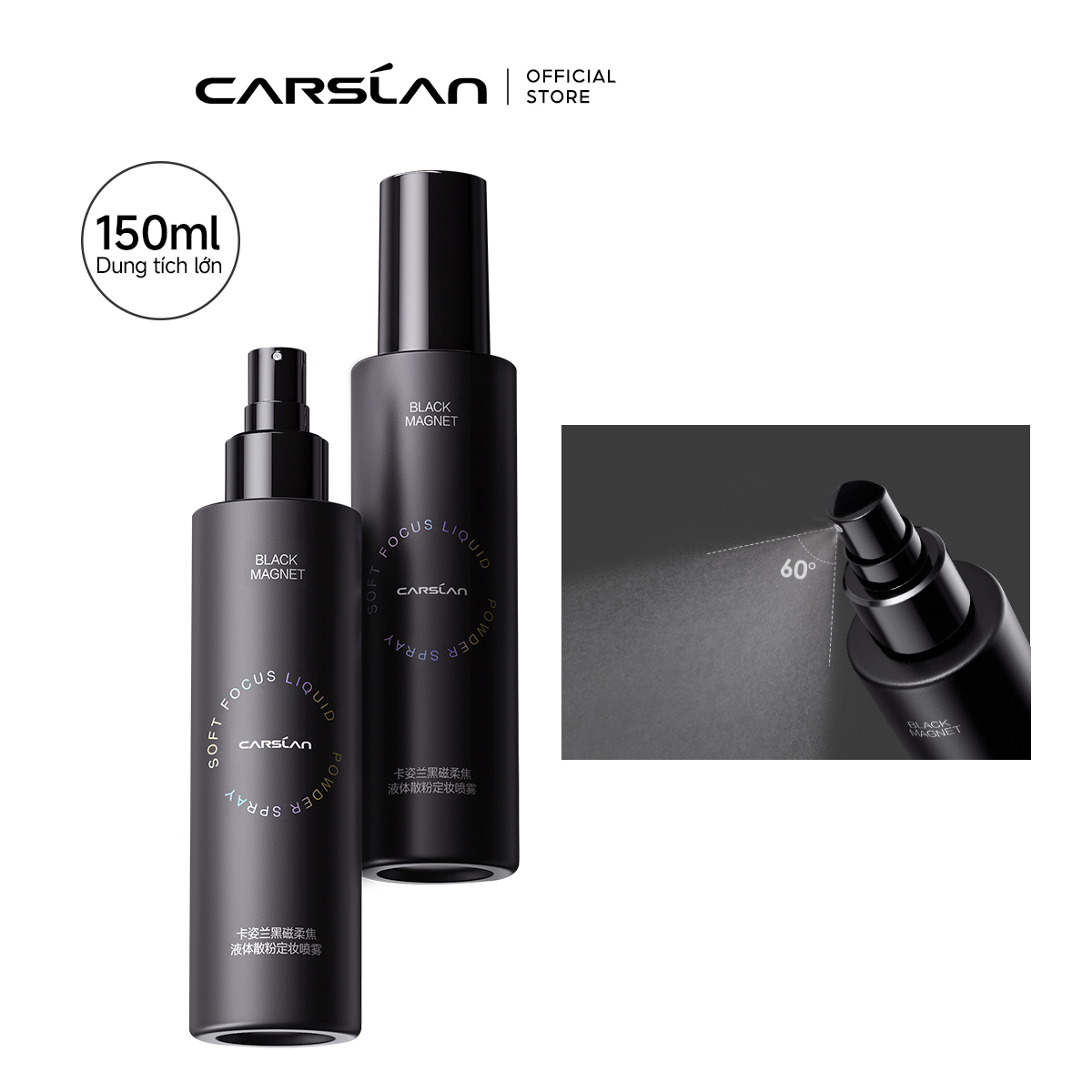 CARSLAN – Spray de réglage de poudre liquide à aimant noir, contrôle de l'huile longue durée, imperméable, résistant à la sueur, Spray de réglage de maquillage, 150ml