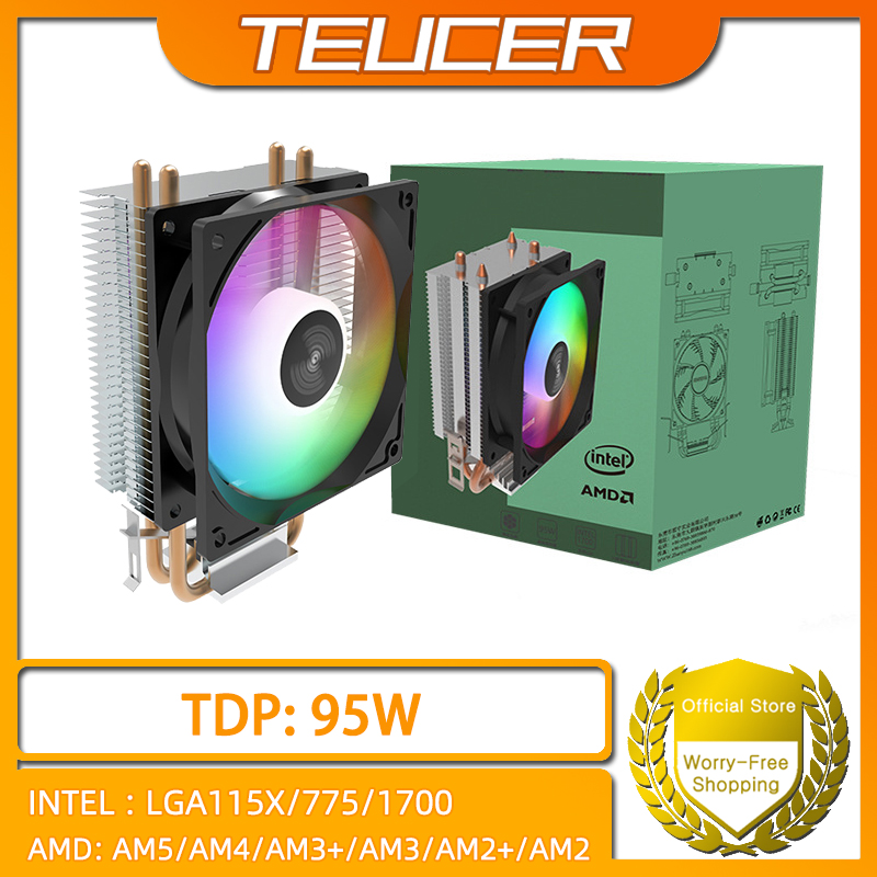 TEUCER CPU 쿨러 2 4 히트 파이프 PC 라디에이터 냉각 Intel 1700 1150 1155 1156 1366 AM2/AM3/AM4 AMD 용 3PIN PWM 자동 Rgb 팬