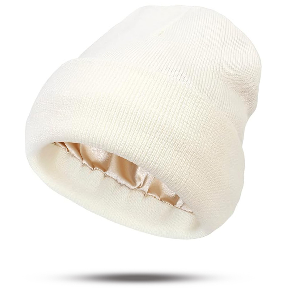 Zimowe dzianinowe czapki beanie damskie z satynową podszewką, czapka zimowa damska z jedwabną podszewką, grube, masywne czapki, miękkie, luźne czapki typu skull, ciepłe czapki.