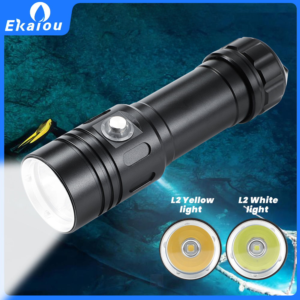Ekaiou LED-duiklamp 2000 lumen L2 duikzaklamp IP68 waterdichte zaklamp met 26650 batterij onderwater 100 meter diepzeelamp