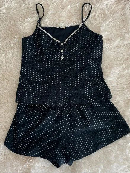 Ensemble 2 pièces en coton bleu marine pour femme, débardeur à trois boutons, garniture en dentelle, taille élastique, pantalon court droit, ensembles doux