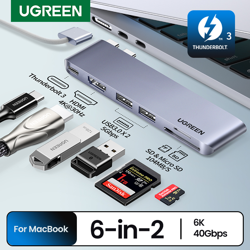UGREEN USB C-концентратор 6-в-2 Type-C к адаптеру Thunderbolt 3 4K HDMI USB3.0 SD и TF для MacBook Pro Air Docking Station Разветвитель USB-C