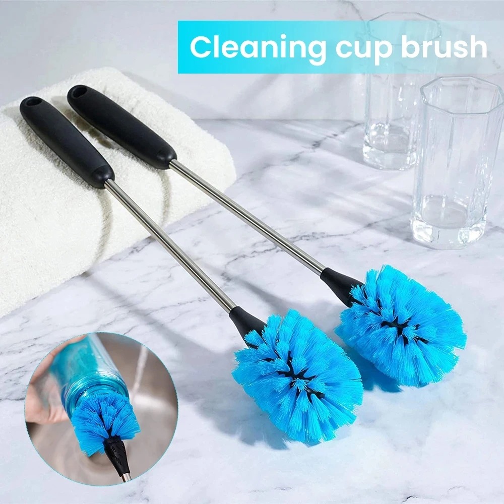 Set Sikat Botol Air Stainless Steel 3-in-1, Sikat Pembersih Gagang Panjang, Pembersih Botol Air, Alat Penggosok Dapur