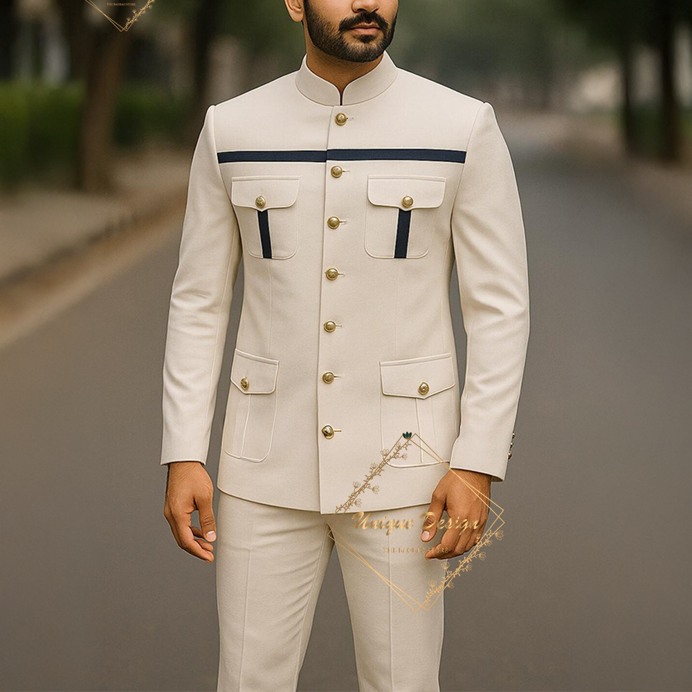 Ivoor formeel safaripak op maat gemaakte Indiase herenkleding voor bruiloft bruidegom heren 2-delige set jas broek slim fit feestjurk