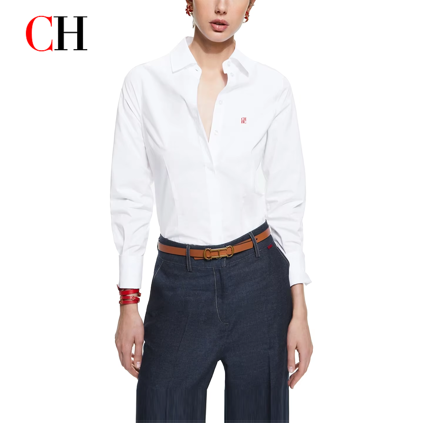 Chemise à manches longues brodée CH pour femme, coupe ajustée, col boutonné, élégante à la française, en coton doux, décontractée pour tous les jours