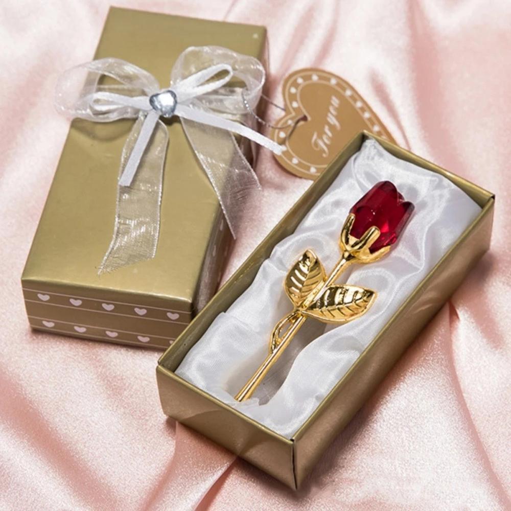 Regalo del Día de San Valentín, rosa de cristal, flor Artificial, varilla de oro plateado, flor rosa para novia, regalos de boda para invitados