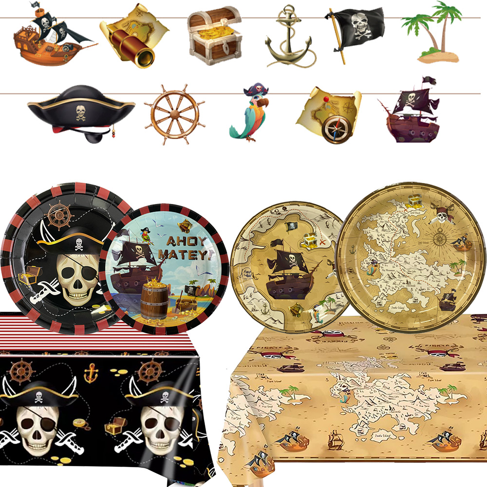 Pirate Party Disposable Tableware Paper Plate Cup Napkin Tablecloth Pirate Garland Banner Halloween Pirate Party Decoration
