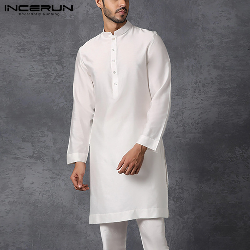 INCERUN-camisa musulmana de manga larga para hombre, caftán árabe islámico, ropa de calle de Color sólido, camisas largas informales, 5XL