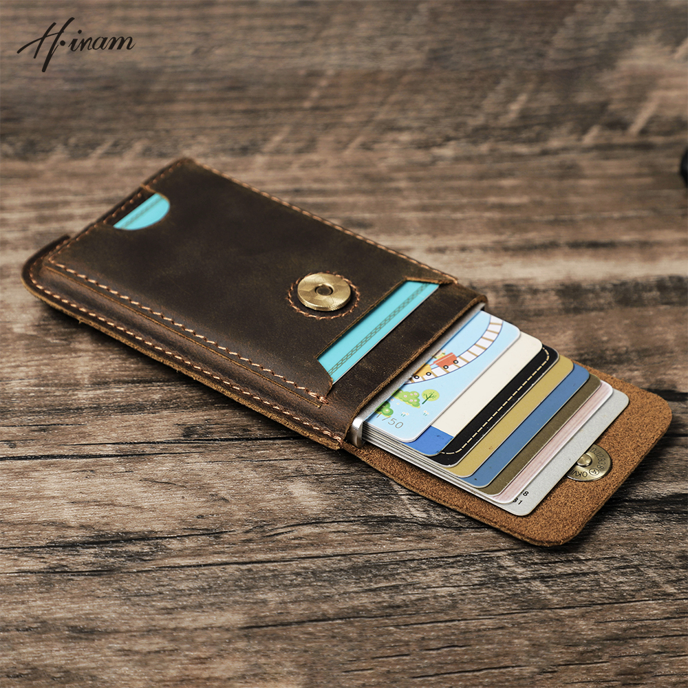 Hi Văn Vintage Da Thật Chính Hãng Da RFID Ngăn Chặn Thẻ Ví Dành Cho Nam Cao Cấp Thẻ Ví Nhôm Kim Loại Mỏng Chủ Thẻ
