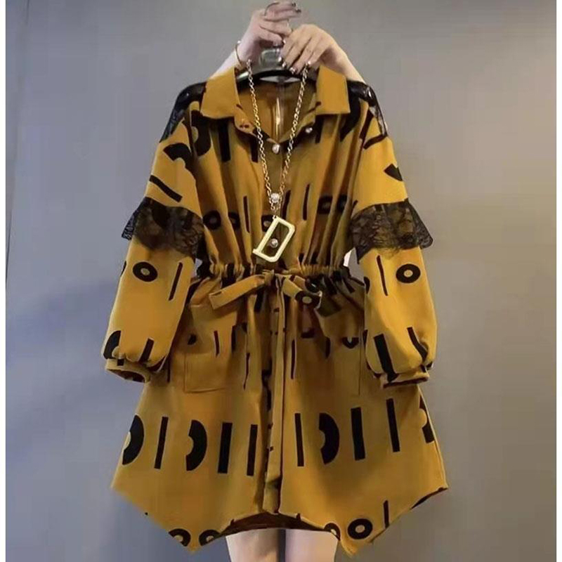 Koreaanse losse jurk met brede schouders en vetersluiting met print stiksels mode shirtjurk voor dames lente zomer 2026