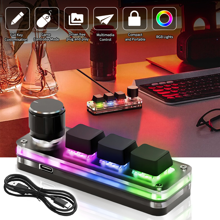 Teclado mecánico USB para Gamer, teclado Macro personalizado de 3 teclas, perilla de programación personalizada para juegos RGB, Mini teclados para Photoshop
